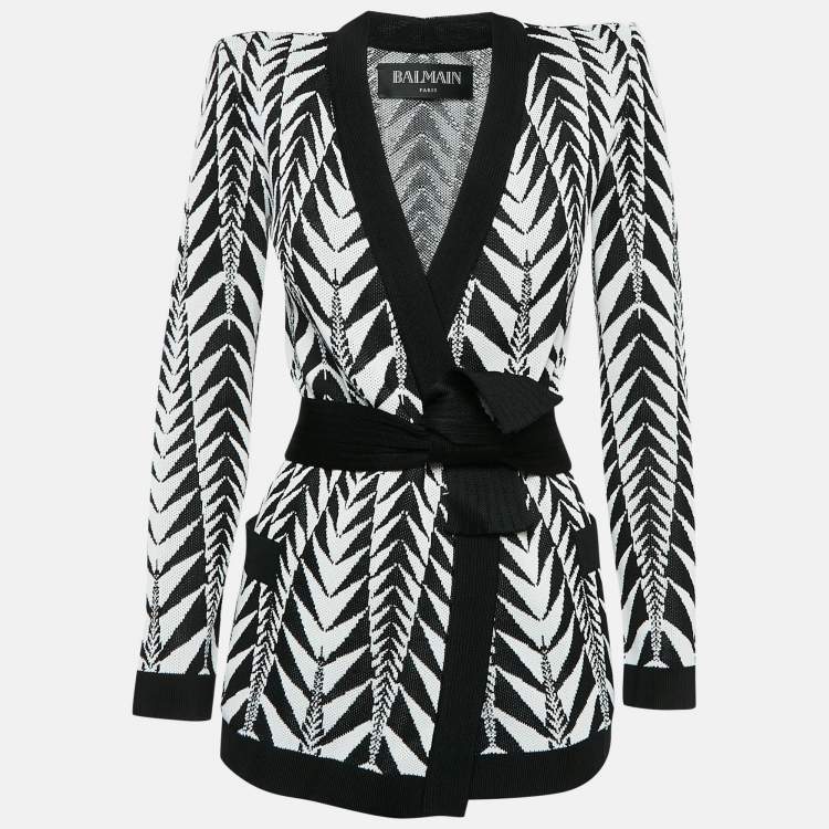 Pre Owned Balmain White/Black Patterned Knit Belted Cardigan S