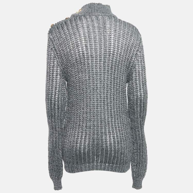 Pre Owned Balmain Silver/Grey Lurex Knit High Neck Jumper L