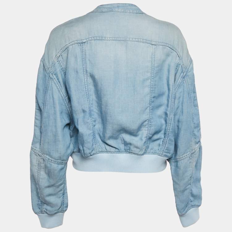 مملوكة مسبقًا Balmain Blue Lyocell and Linen Button Detail Bomber Jacket L