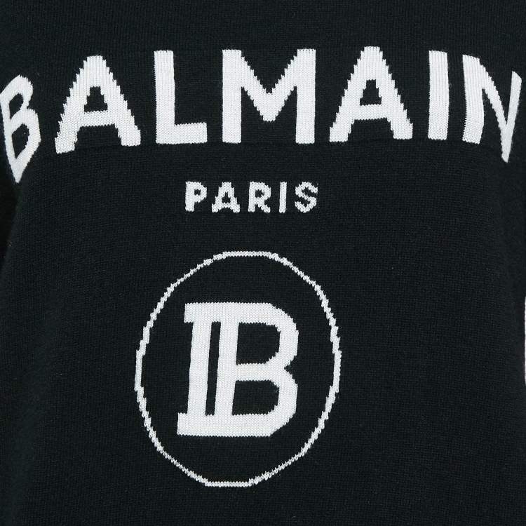 Pre Owned Balmain Black Logo Pattern Wool Knit Sweater S