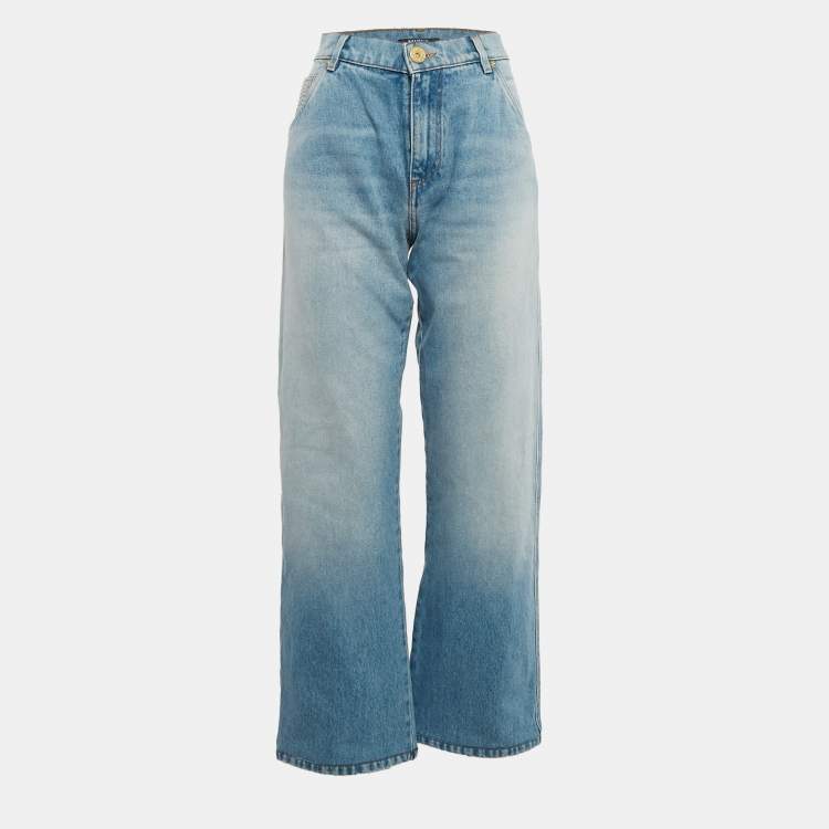 Pre Owned Balmain Blue Logo Embossed Denim Loose Fit Straight Leg Jeans M Waist 30"