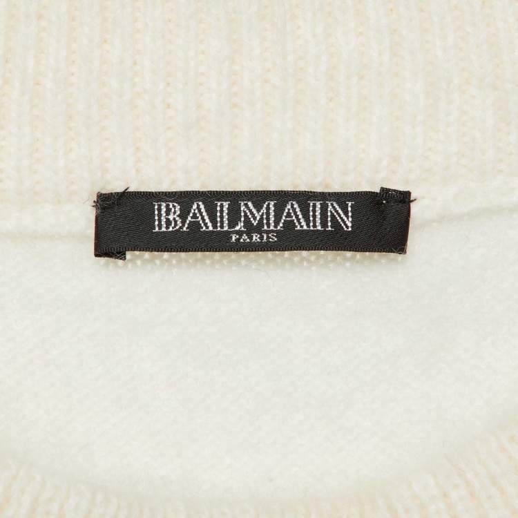 Pre Owned Balmain Off-White Logo Embellished Wool Pullover M
