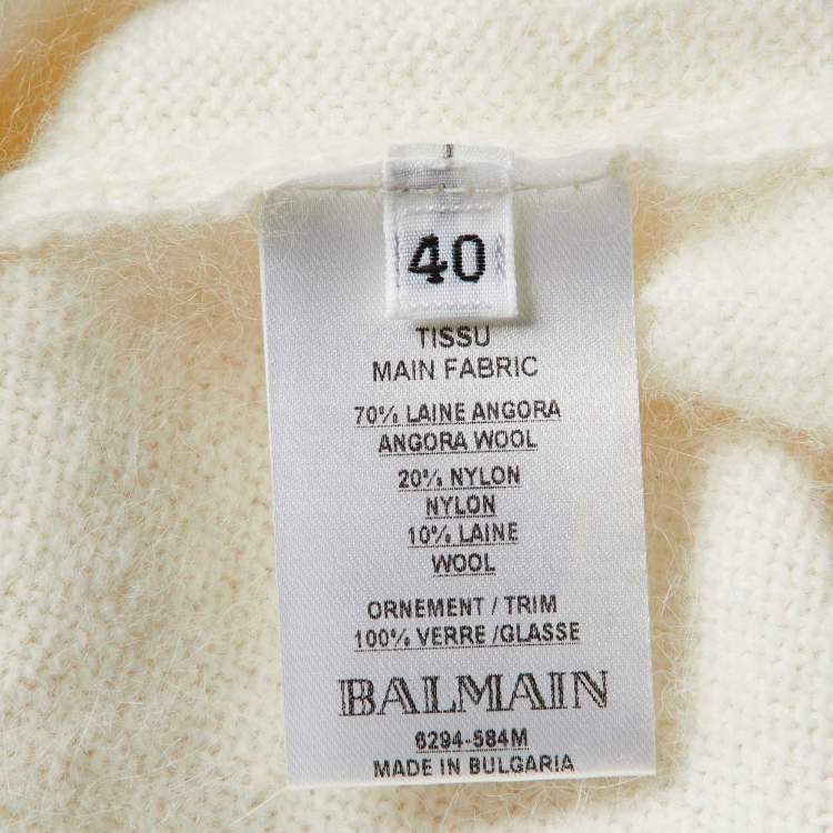 Pre Owned Balmain Off-White Logo Embellished Wool Pullover M