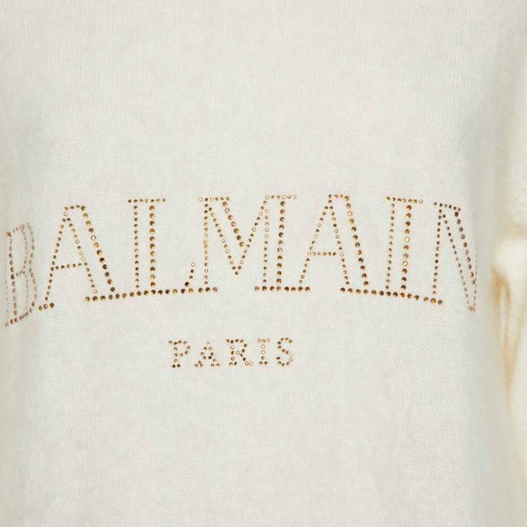 Pre Owned Balmain Off-White Logo Embellished Wool Pullover M