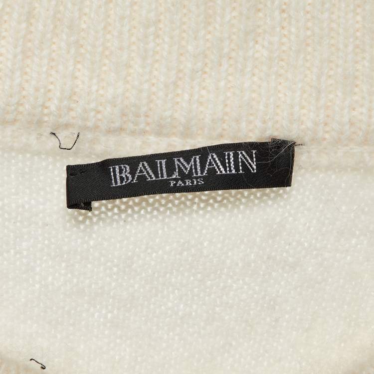 Pre Owned Balmain Cream Crystal Logo Embellished Wool Knit Sweater M