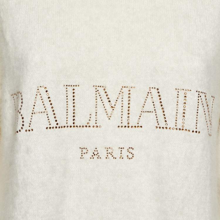 Pre Owned Balmain Cream Crystal Logo Embellished Wool Knit Sweater M