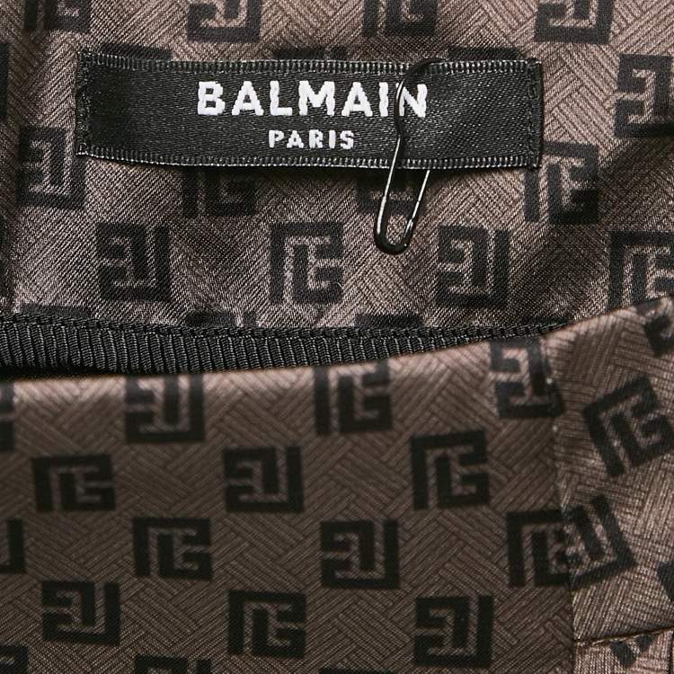 Pre Owned Balmain Brown  Monogram Print Satin Pleated Midi Skirt M