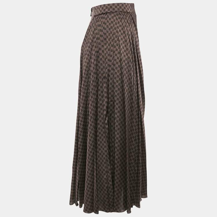 Pre Owned Balmain Brown  Monogram Print Satin Pleated Midi Skirt M
