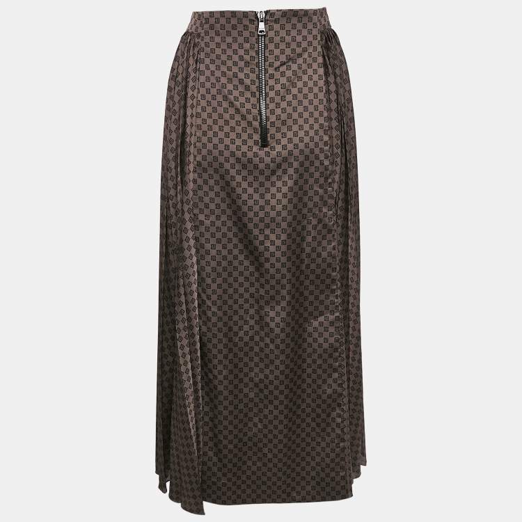Pre Owned Balmain Brown  Monogram Print Satin Pleated Midi Skirt M