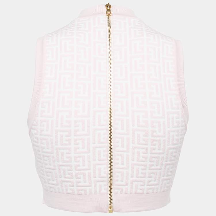 Pre Owned Balmain Pink Monogram Jacquard Knit Sleeveless Crop Top S