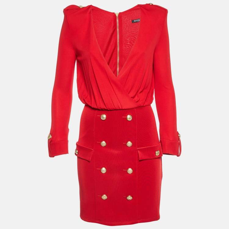 Pre Owned Balmain Red Jersey Button Embellished Mini Dress M