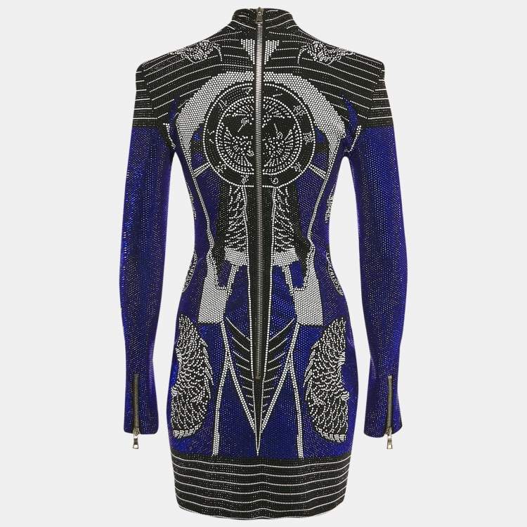 Pre Owned Balmain Blue/Multicolor Studded Mini Bodycon Dress M
