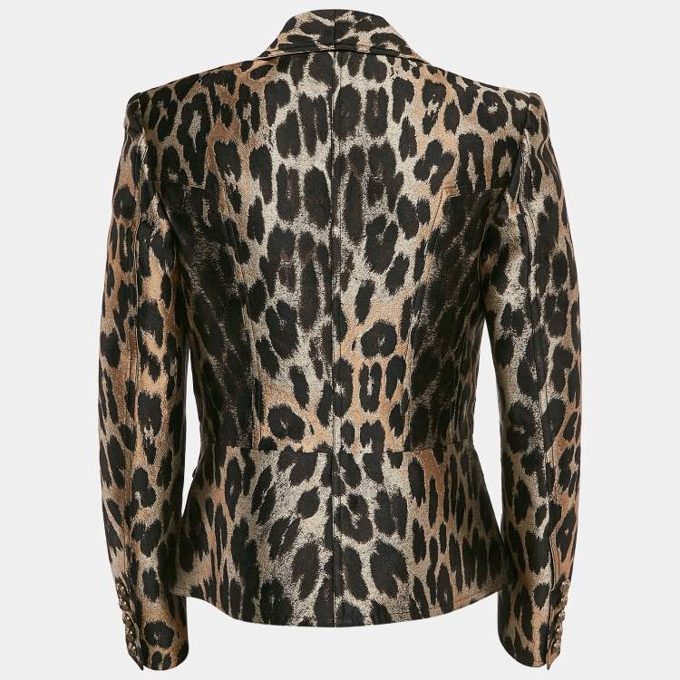 Pre Owned Balmain Brown Leopard Pattern Jacquard Button Detail Blazer M