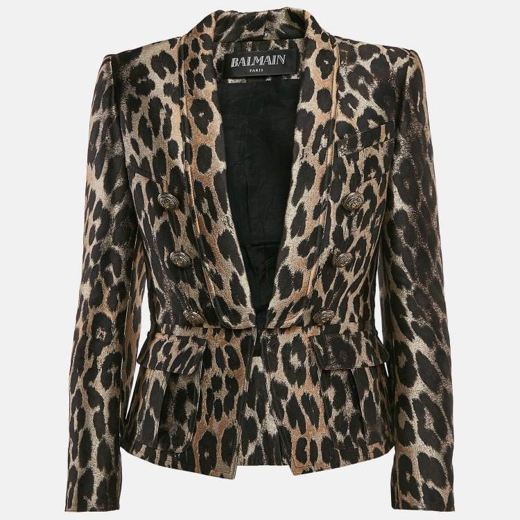 Pre Owned Balmain Brown Leopard Pattern Jacquard Button Detail Blazer M
