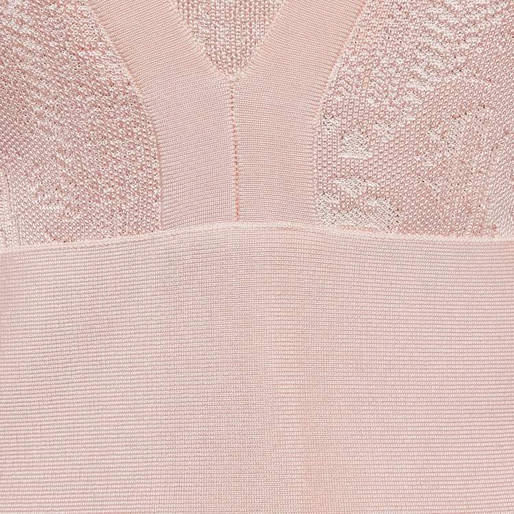 Pre Owned Balmain Pink Patterned Knit Full Sleeve V-Neck Mini Dress M