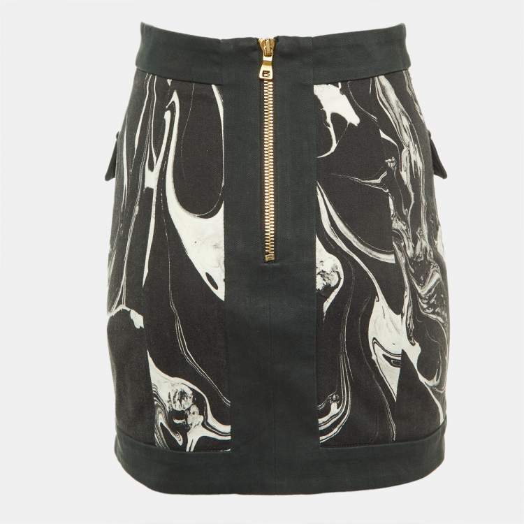 Pre Owned Balmain Monochrome Marble Print Cotton Button Detail Mini Skirt S
