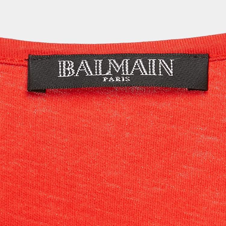 Pre Owned Balmain Red Logo Print Cotton Knit Button Front Sleeveless S