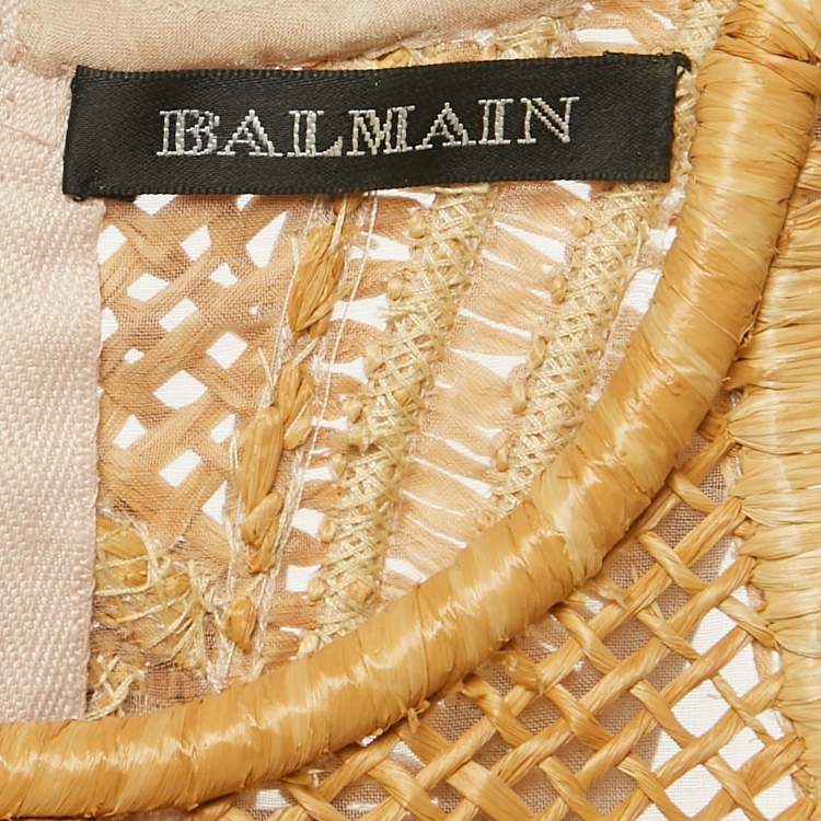 Pre Owned Balmain Brown Straw and Silk Sleeveless Crop Top M