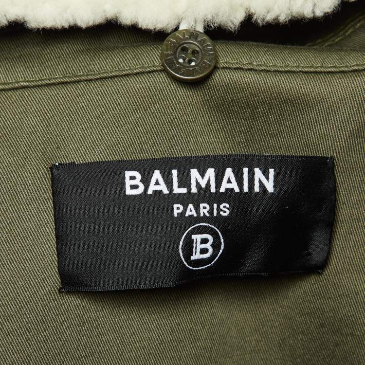 Pre Owned Balmain Blue Green Shearling Trim Cotton Structured Shoulder Jacket M
