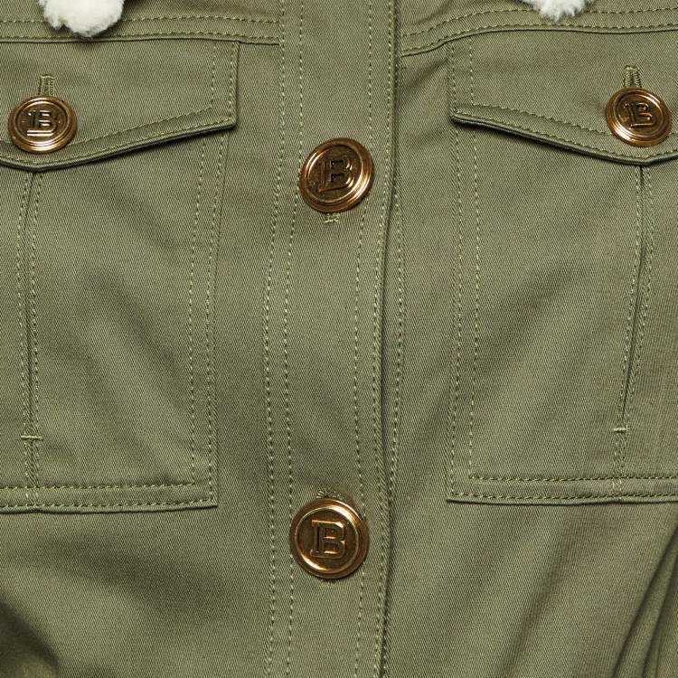 Pre Owned Balmain Blue Green Shearling Trim Cotton Structured Shoulder Jacket M