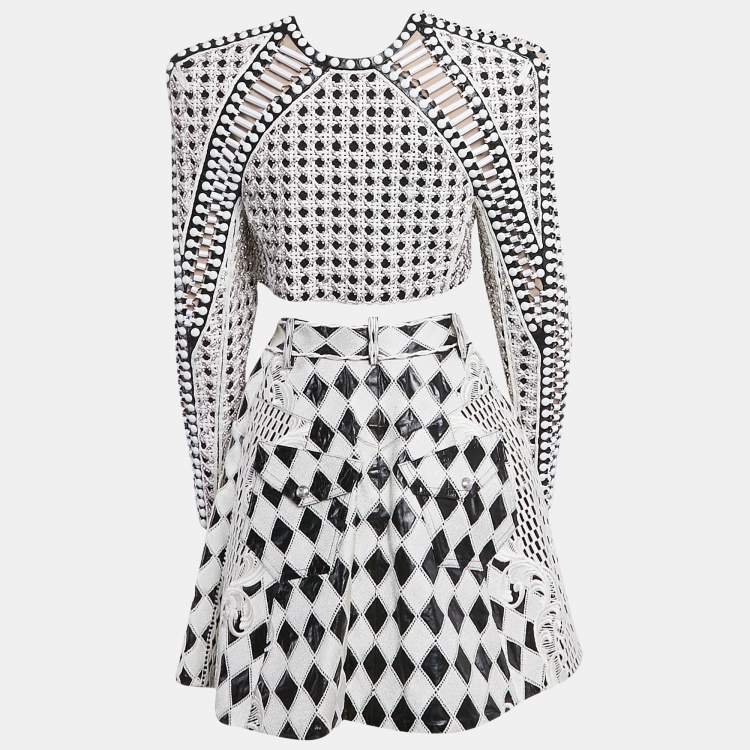 Pre Owned Balmain Black/White Crystal Embellished Wool and Leather Blazer and Skirt S