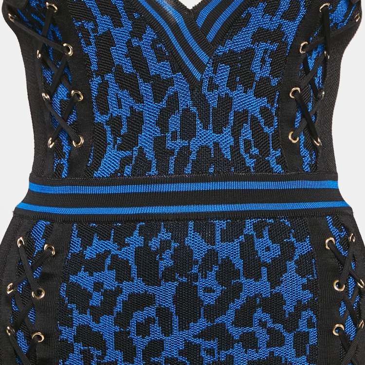 Pre Owned Balmain Black/Blue Leopard Knit Lace-Up Mini Dress S