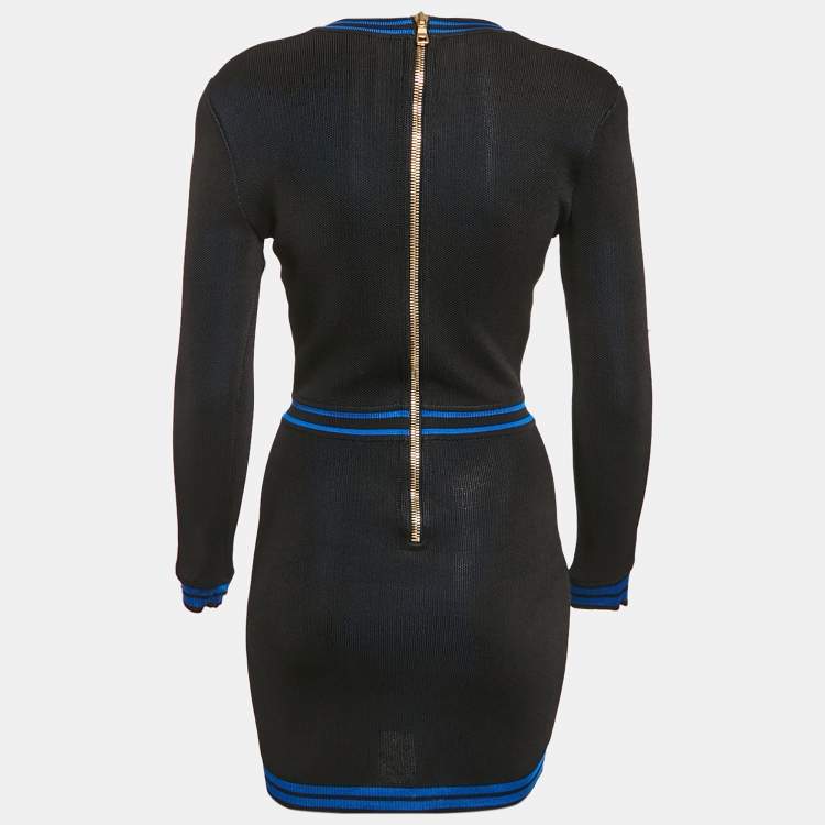 Pre Owned Balmain Black/Blue Leopard Knit Lace-Up Mini Dress S