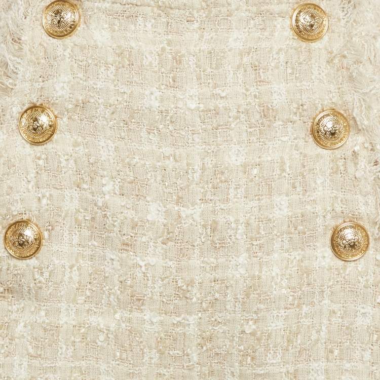 Pre Owned Balmain Off-White Tweed Gold Tone Button Detail Shorts M