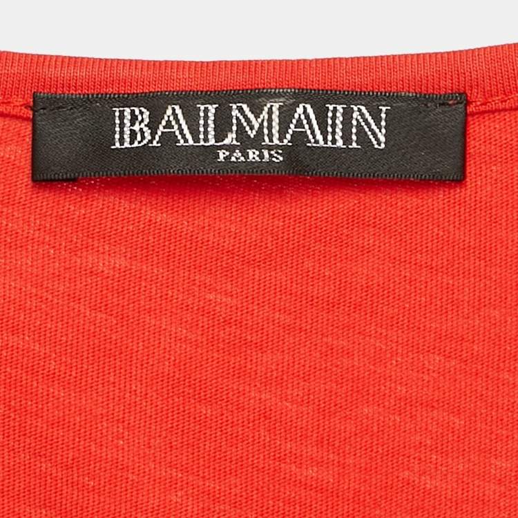 Pre Owned Balmain Orange Logo Print Jersey Button Detail Sleeveless T-Shirt S