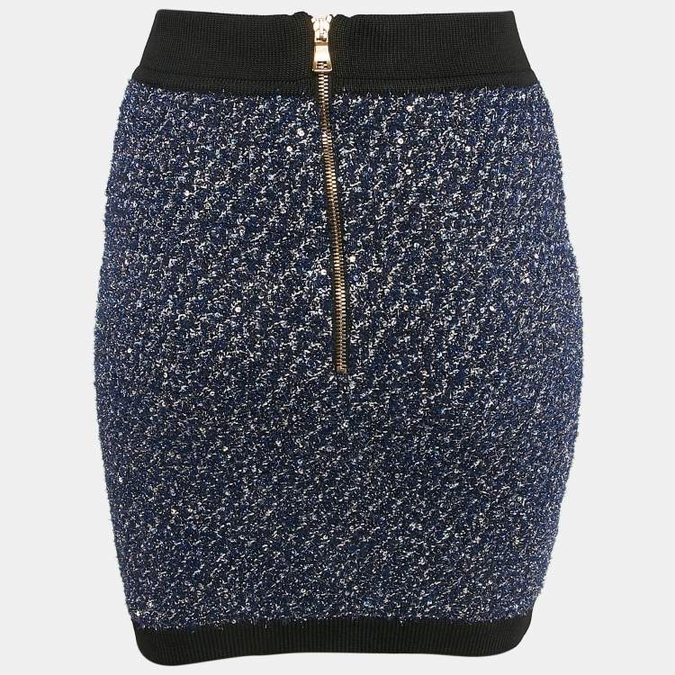 Pre Owned Balmain Blue Metallic Tweed Sequin Embellished Mini Skirt M