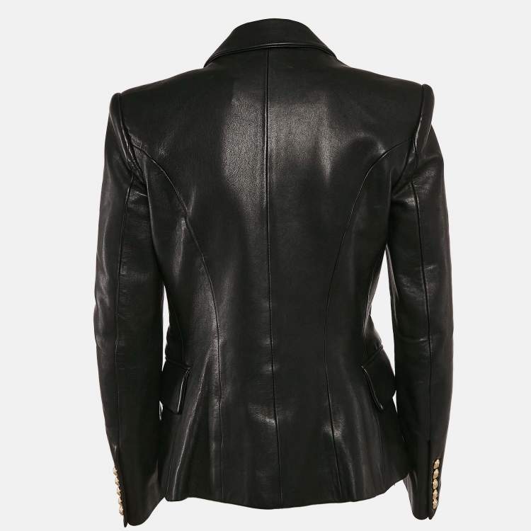 Pre Owned Balmain Black Leather Double Breasted Button Detail Jacket M