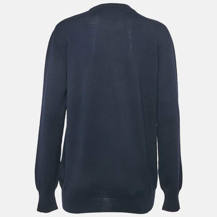 Pre Owned Balmain Navy Blue Intarsia Knit Crew Neck Sweater M
