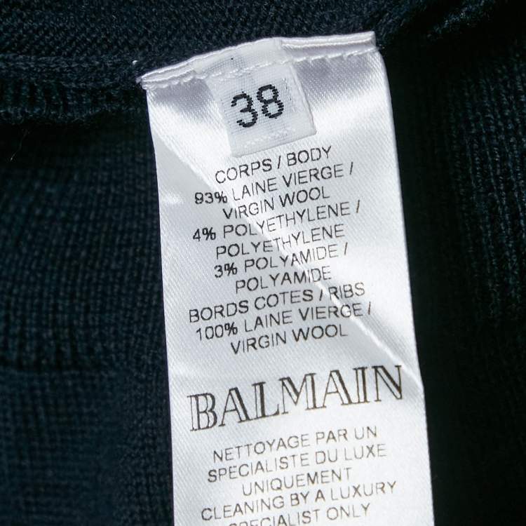Pre Owned Balmain Navy Blue Intarsia Knit Crew Neck Sweater M