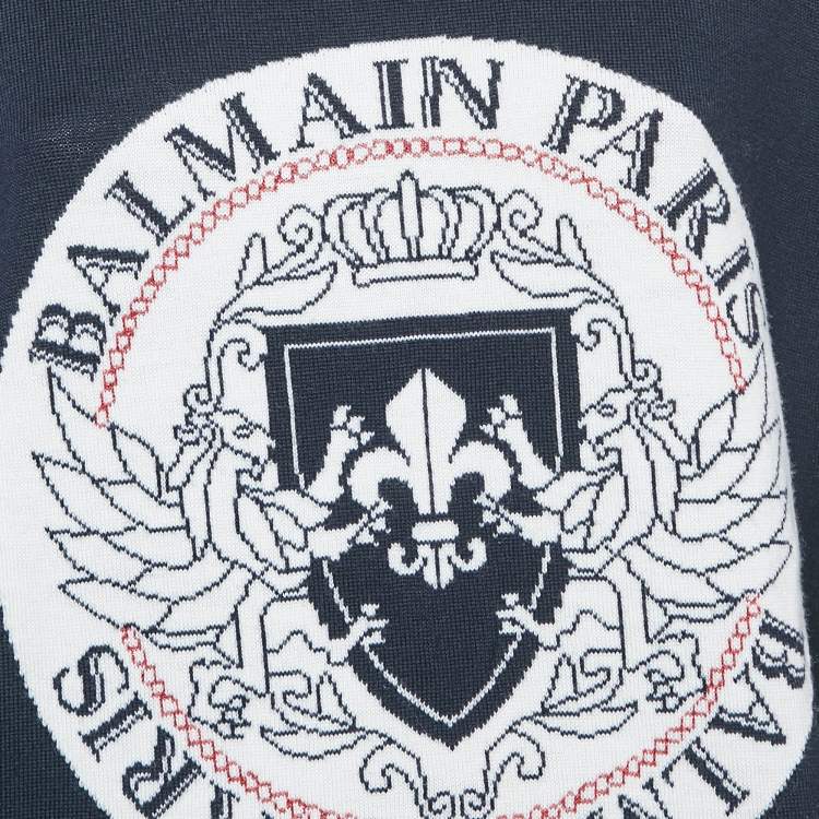 Pre Owned Balmain Navy Blue Intarsia Knit Crew Neck Sweater M