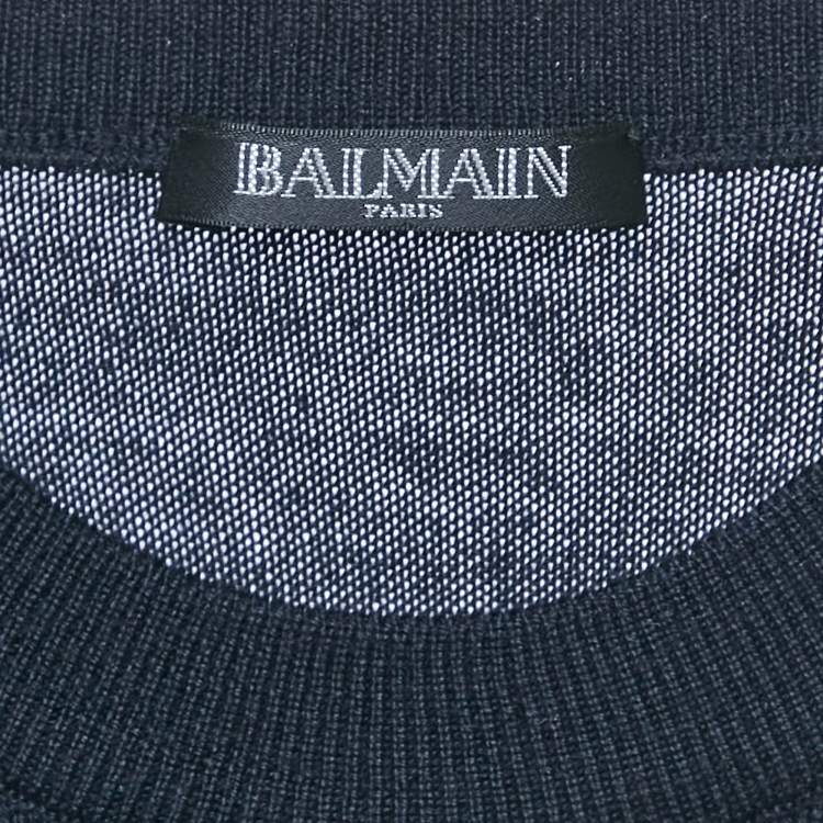 Pre Owned Balmain Navy Blue Intarsia Knit Crew Neck Sweater M