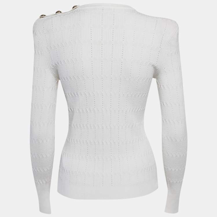 Pre Owned Balmain White Textured Pointelle Knit Crewneck Sweatshirt S