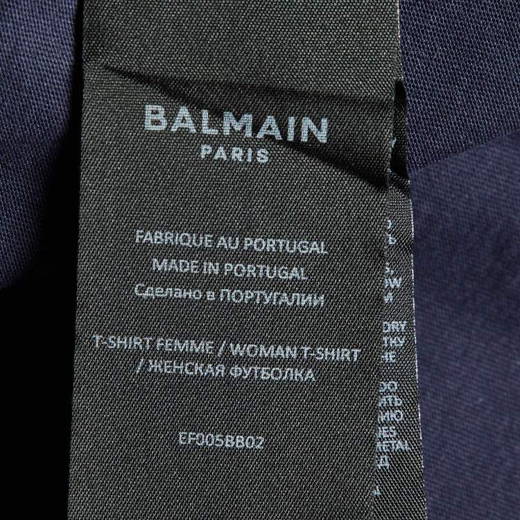 Pre Owned Balmain Blue Logo Printed Cotton Buttons Detail Half Sleeve T-Shirt XS