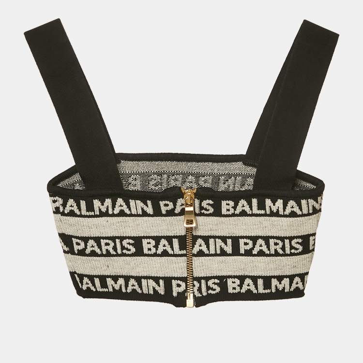 Pre Owned Balmain Black/Grey Logo Striped Stretch Knit Crop Top S