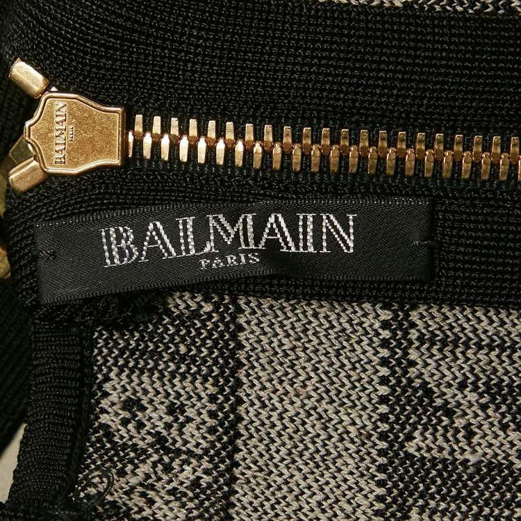 Pre Owned Balmain Black/Grey Logo Striped Stretch Knit Crop Top S