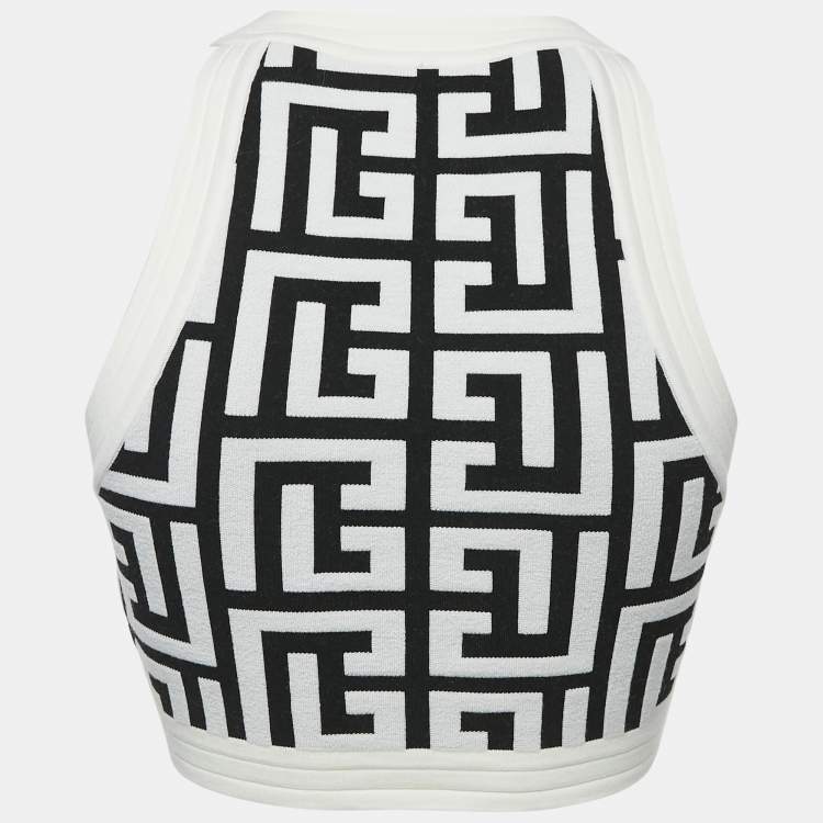 Pre Owned Balmain White/Black Monogram Knit Sleeveless Crop Top S