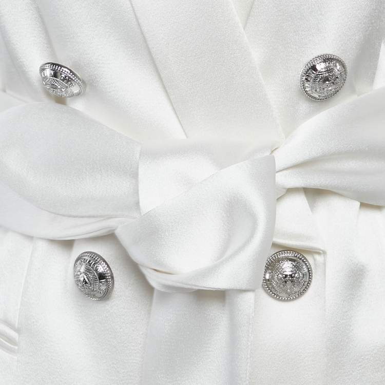 Pre Owned Balmain White Satin Belted Double Breasted Blazer M