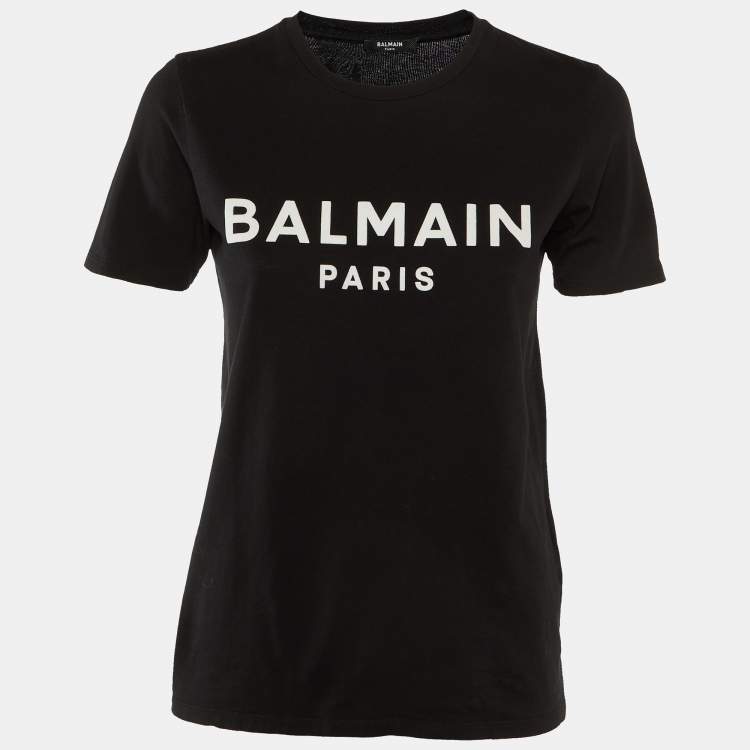 Pre Owned Balmain Black Logo Flock Print Cotton Crew Neck T-Shirt XS 