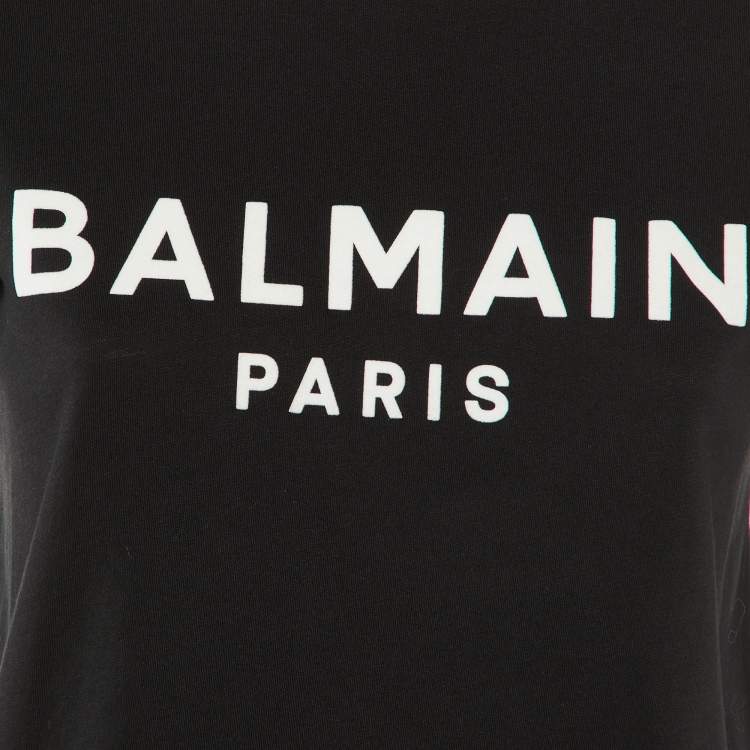 Pre Owned Balmain Black Logo Flock Print Cotton Crew Neck T-Shirt XS 