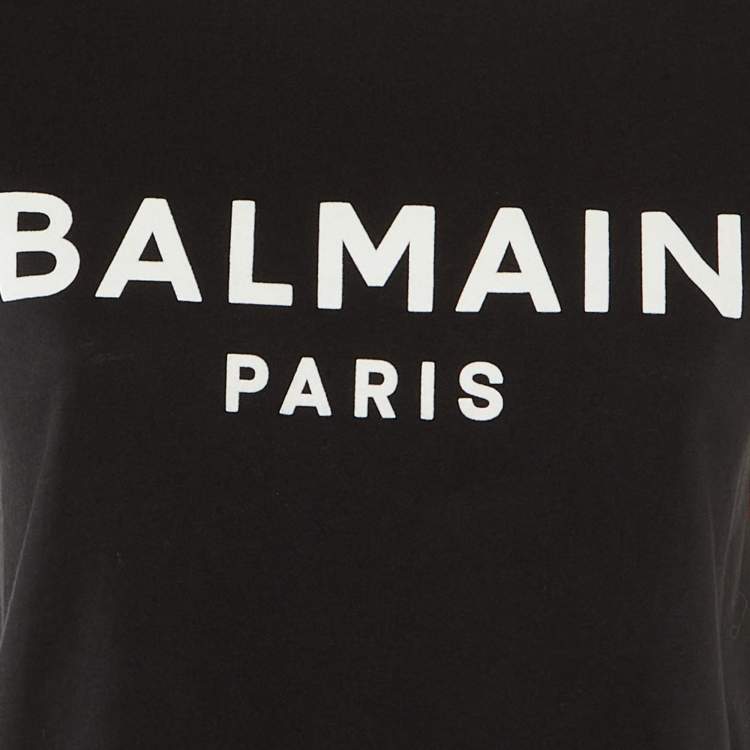 Pre Owned Balmain Black Logo Flock Print Cotton Crew Neck T-Shirt XS 