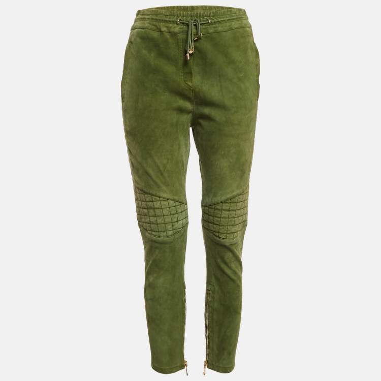 Pre Owned Balmain Olive Green Suede Quilt Detail Pants M