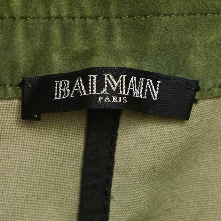 Pre Owned Balmain Olive Green Suede Quilt Detail Pants M