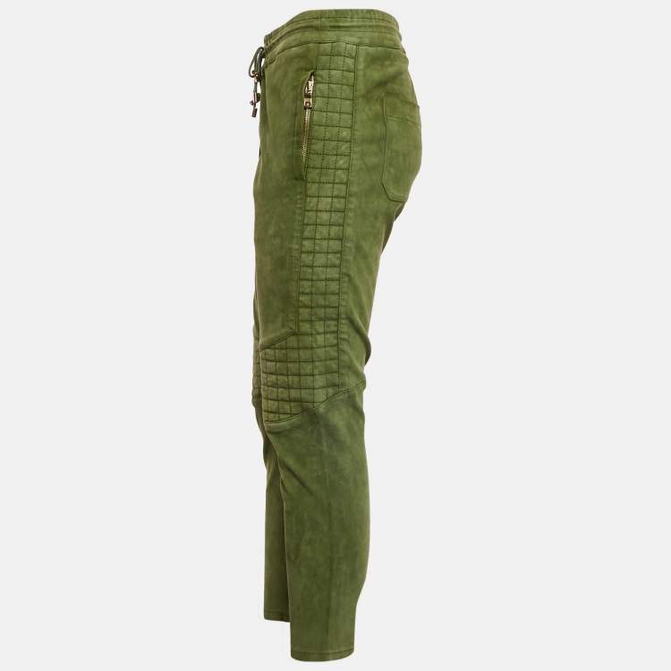 Pre Owned Balmain Olive Green Suede Quilt Detail Pants M