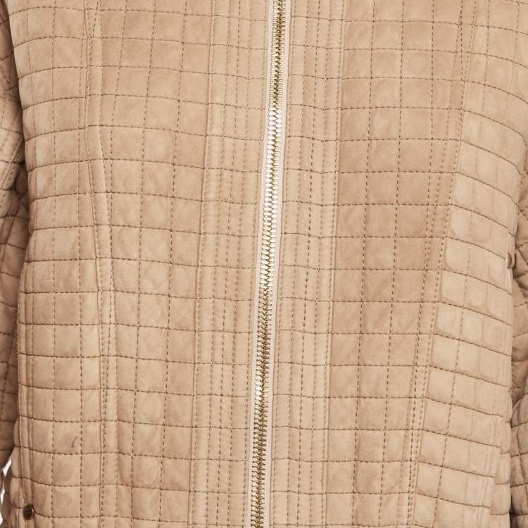 Pre Owned Balmain Beige Suede Zip-Up Quilted Long Coat M