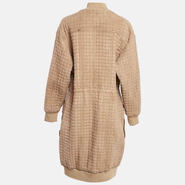 Pre Owned Balmain Beige Suede Zip-Up Quilted Long Coat M