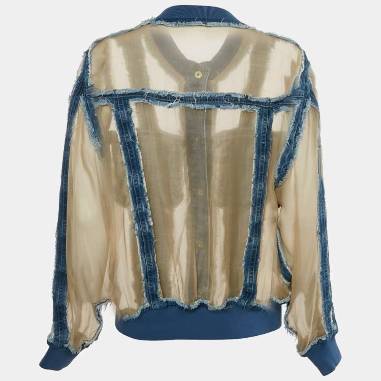 Pre Owned Balmain Blue/Beige Denim and Organza Silk Button Front Jacket M